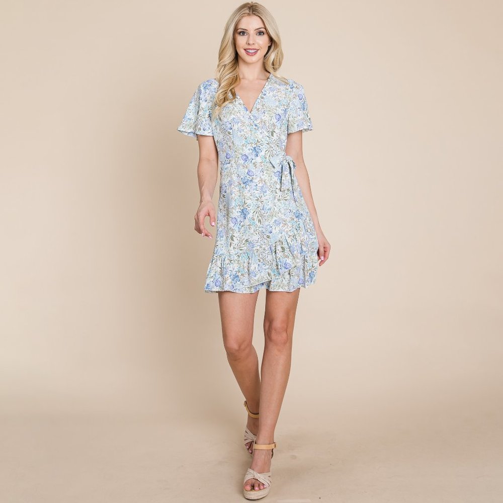 Floral Ruffled Asymmetrical Hem Wrap Dress